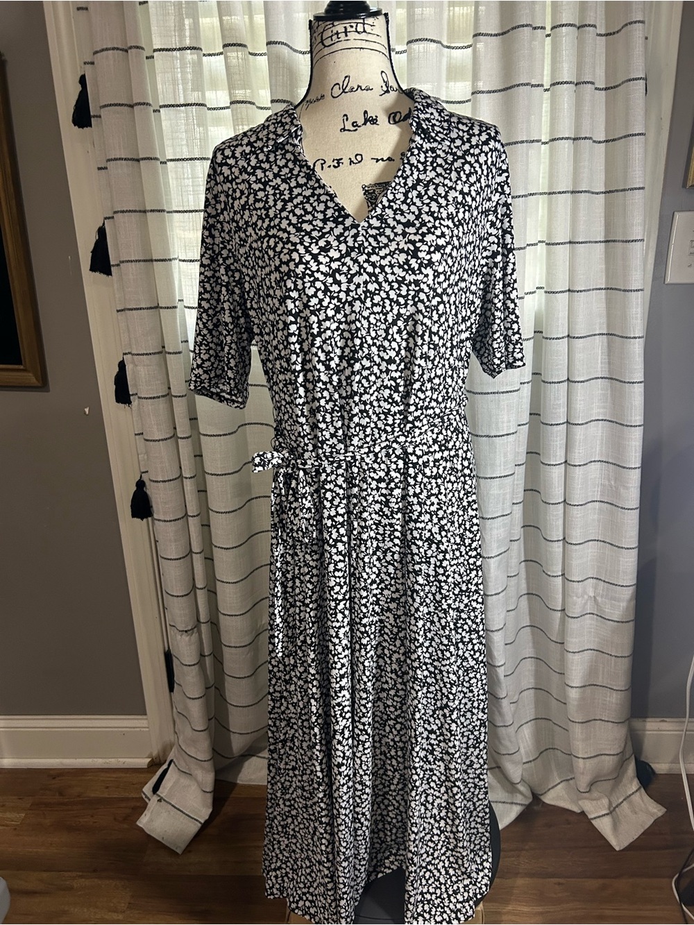 Black and White Floral Wrap Midi Dress - Women